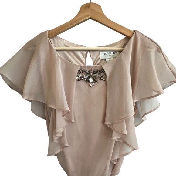 J.R. Nites by Carol Lin Y2K Embellished Top Size 12 Pink Flutter Sleeve Coquette - Picture 2 of 8